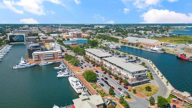 drone / aerial view with a water view