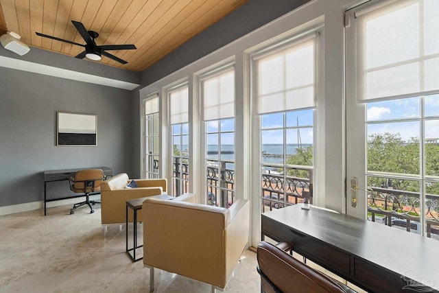 office space with a water view, a wealth of natural light, and wooden ceiling