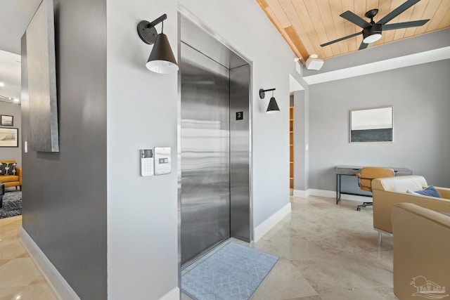 bathroom featuring ceiling fan, elevator, and wood ceiling