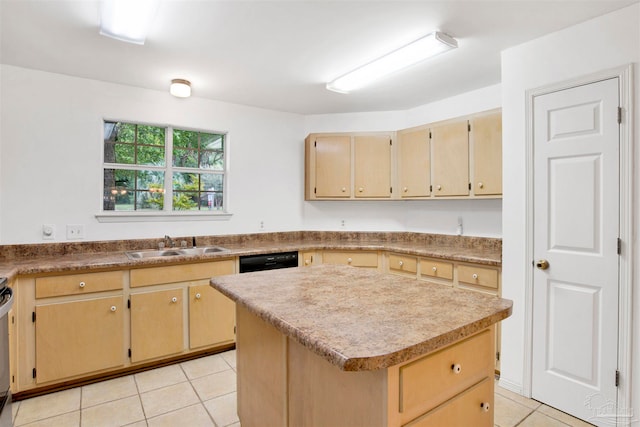 kitchen featuring dishwasher, light tile patterned flooring, sink, a kitchen island, and light brown cabinetry