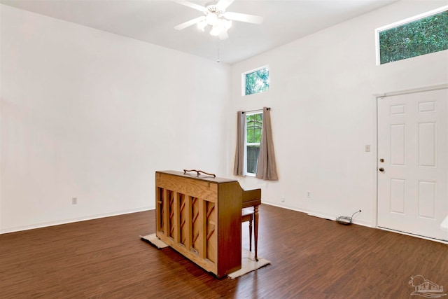 interior space featuring a towering ceiling, ceiling fan, and dark hardwood / wood-style floors