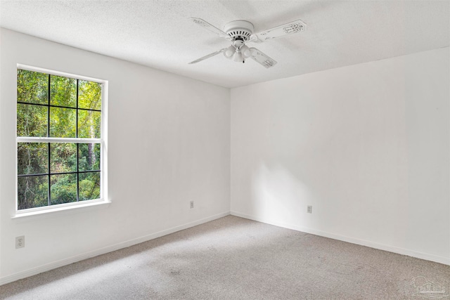 unfurnished room with a textured ceiling, carpet, ceiling fan, and a wealth of natural light