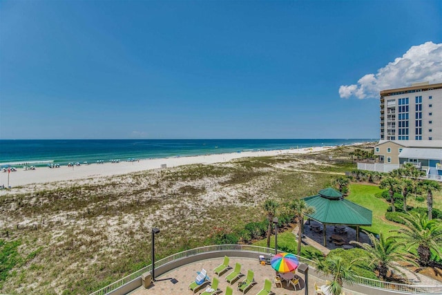 water view featuring a gazebo and a view of the beach