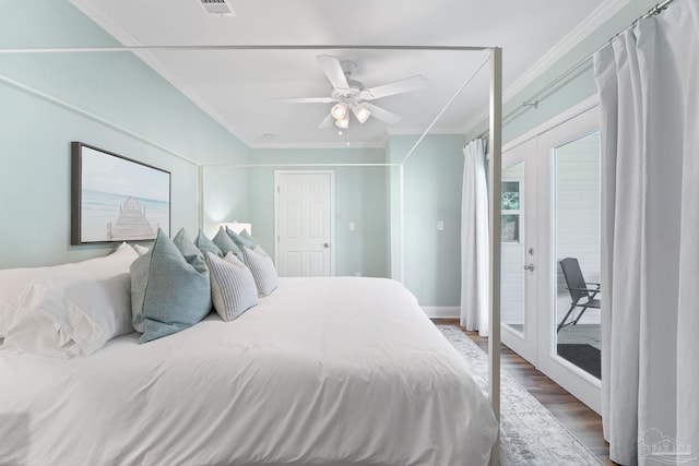 bedroom with crown molding, wood-type flooring, french doors, and ceiling fan