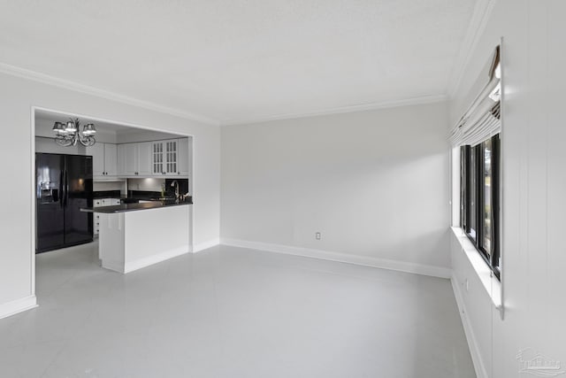 kitchen featuring white cabinets, kitchen peninsula, light tile patterned floors, crown molding, and black fridge with ice dispenser