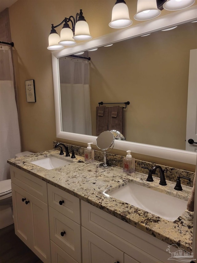 bathroom with vanity, toilet, and a shower with curtain