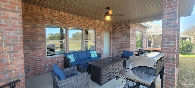 view of patio / terrace with an outdoor hangout area, grilling area, and ceiling fan