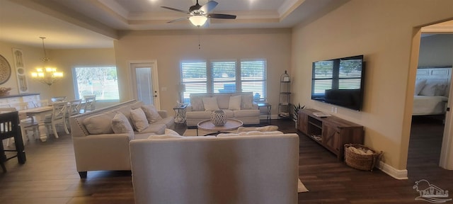 living room with a tray ceiling, crown molding, dark hardwood / wood-style floors, and ceiling fan with notable chandelier