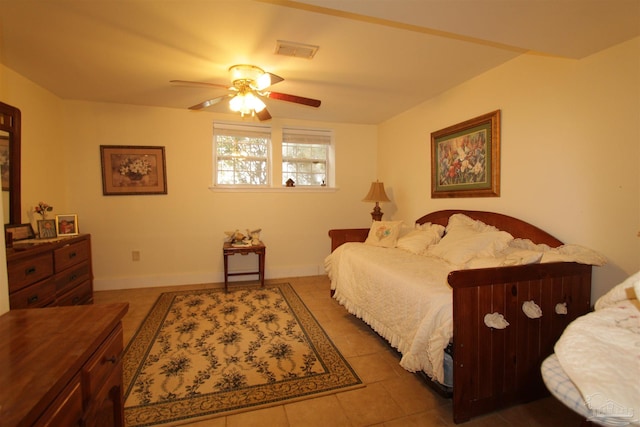 tiled bedroom featuring visible vents, baseboards, and a ceiling fan