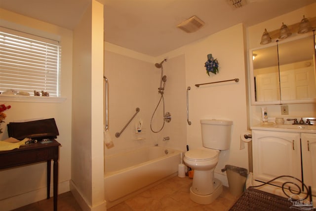 bathroom featuring vanity, shower / tub combination, toilet, and visible vents