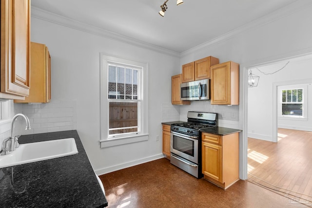 kitchen with a sink, baseboards, decorative backsplash, crown molding, and appliances with stainless steel finishes