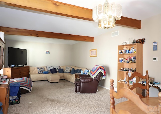 living room featuring beamed ceiling, carpet flooring, and a notable chandelier