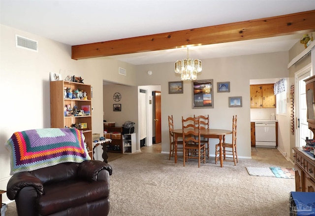 dining area featuring light colored carpet, beam ceiling, and a chandelier