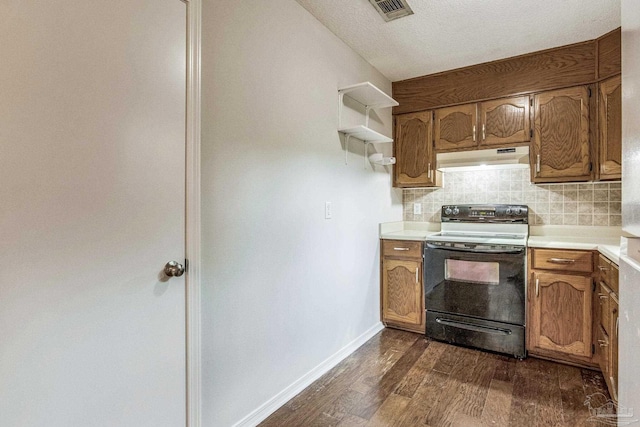 kitchen with a textured ceiling, tasteful backsplash, black range with electric stovetop, and dark wood-type flooring