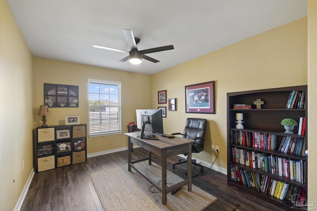 office space with ceiling fan and dark wood-type flooring