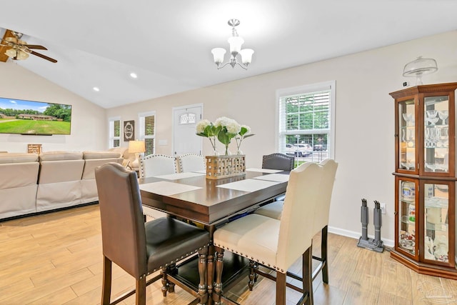 106 W Meadow Dr, Atmore, AL 36502 - dining space with light wood finished floors, vaulted ceiling, a chandelier, a ceiling fan, and recessed lighting