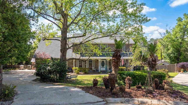 view of front facade featuring a front yard, a porch, and fence