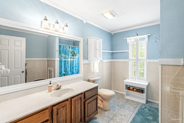 bathroom featuring ornamental molding, toilet, tile walls, vanity, and tile patterned floors