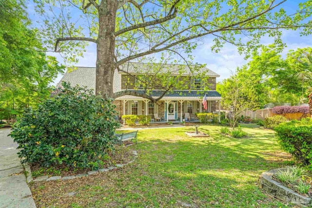 rear view of house featuring fence and a lawn