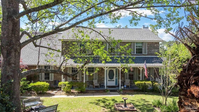 view of front of house featuring a porch, a front yard, brick siding, a chimney, and a shingled roof