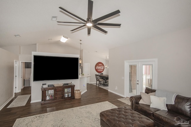 living room with lofted ceiling, dark hardwood / wood-style floors, and ceiling fan