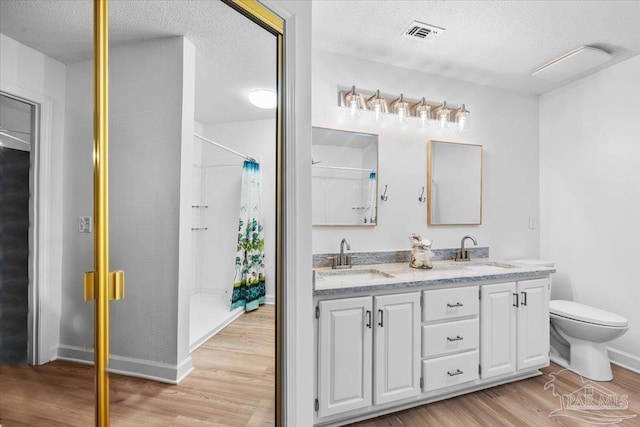 2574 1st Ct, Navarre, FL 32566 - full bathroom with wood finished floors, double vanity, a textured ceiling, toilet, and curtained shower
