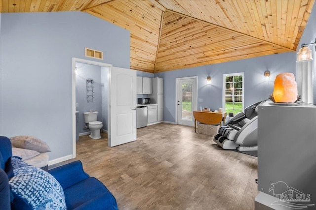 2574 1st Ct, Navarre, FL 32566 - living room with wooden ceiling, light wood-style flooring, high vaulted ceiling, and baseboards