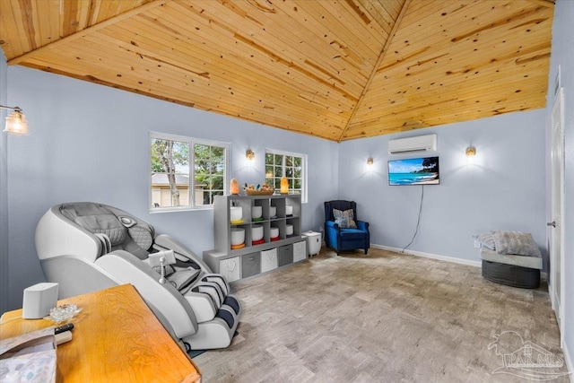2574 1st Ct, Navarre, FL 32566 - living area with a wall unit AC, lofted ceiling, wood ceiling, wood finished floors, and baseboards