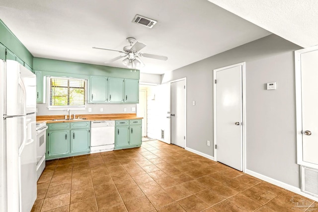 5791 Coronada Blvd Apt 3, Pensacola, FL 32507 - kitchen featuring visible vents, white appliances, ceiling fan, green cabinetry, and a sink