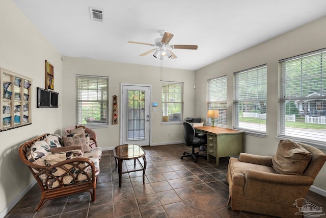 office with a wealth of natural light and ceiling fan