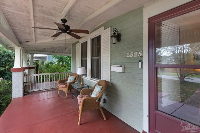 view of patio / terrace featuring ceiling fan and covered porch