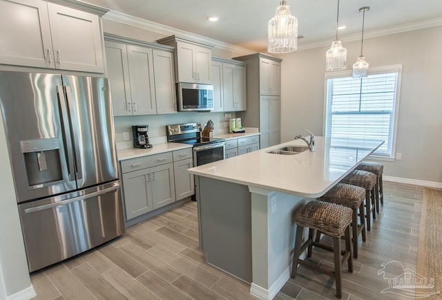 kitchen featuring stainless steel appliances, a kitchen island with sink, a sink, gray cabinetry, and light countertops