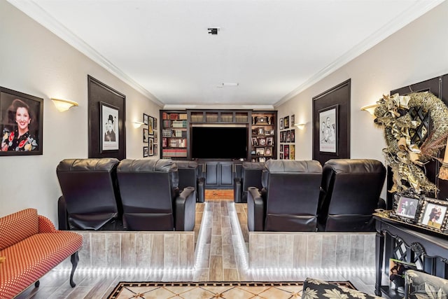 living room with light hardwood / wood-style floors and crown molding