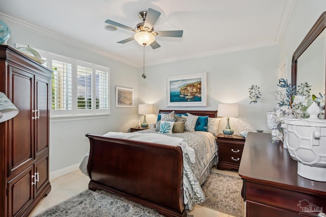 tiled bedroom with ornamental molding and ceiling fan