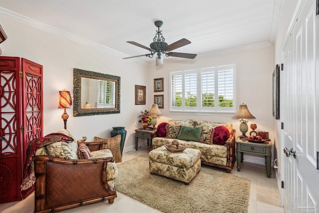 tiled living room featuring ceiling fan and ornamental molding