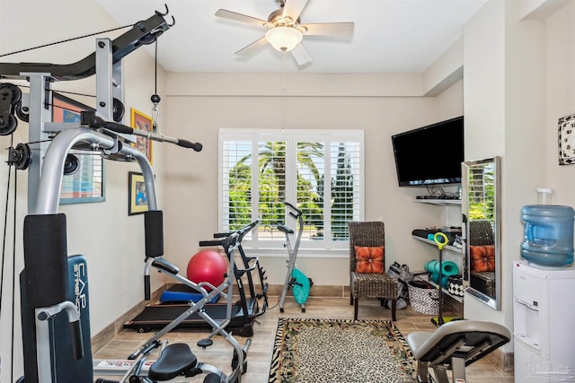 exercise area featuring light hardwood / wood-style flooring and ceiling fan