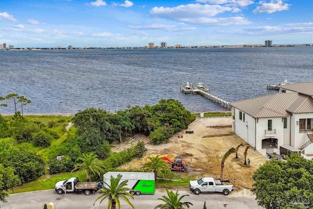 view of water feature with a dock