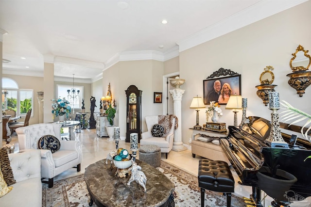 living room featuring tile patterned floors, crown molding, and a chandelier