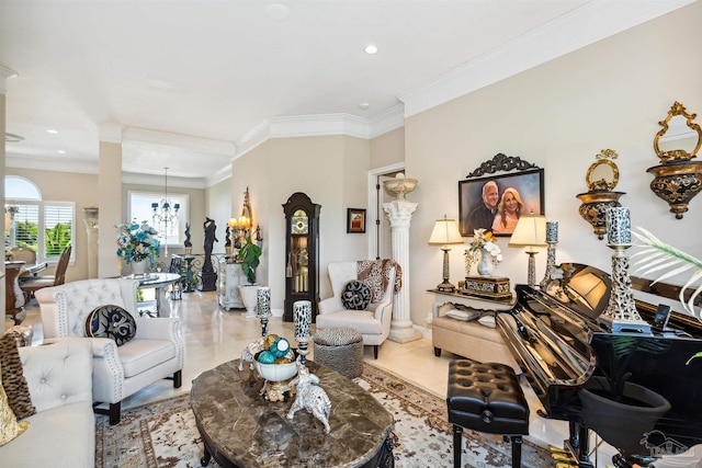 tiled living area with ornate columns, ornamental molding, a chandelier, and recessed lighting