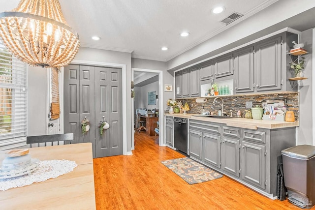 2803 Venetian Way, Gulf Breeze, FL 32563 - kitchen with dishwashing machine, a sink, gray cabinetry, open shelves, and tasteful backsplash