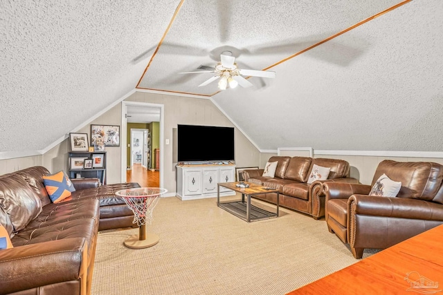 2803 Venetian Way, Gulf Breeze, FL 32563 - living area with a textured ceiling, ceiling fan, lofted ceiling, and carpet floors