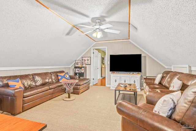 2803 Venetian Way, Gulf Breeze, FL 32563 - living area featuring a textured ceiling, carpet flooring, ceiling fan, lofted ceiling, and wooden walls