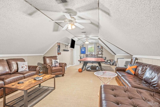 2803 Venetian Way, Gulf Breeze, FL 32563 - living area featuring a textured ceiling, ceiling fan, carpet flooring, and vaulted ceiling