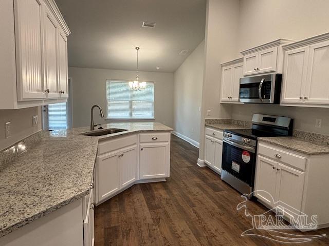 kitchen featuring sink, hanging light fixtures, kitchen peninsula, stainless steel appliances, and white cabinets