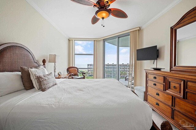 bedroom with ceiling fan, access to outside, expansive windows, and ornamental molding