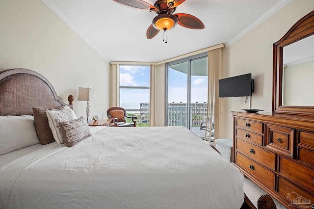 850 Ft Pickens Rd Unit 540, Pensacola Beach, FL 32561 - bedroom with a ceiling fan, access to outside, and crown molding