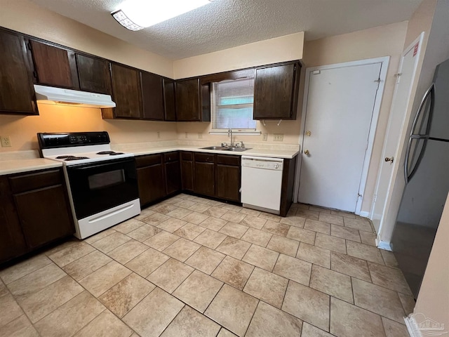 kitchen with range with electric stovetop, light countertops, white dishwasher, a sink, and under cabinet range hood