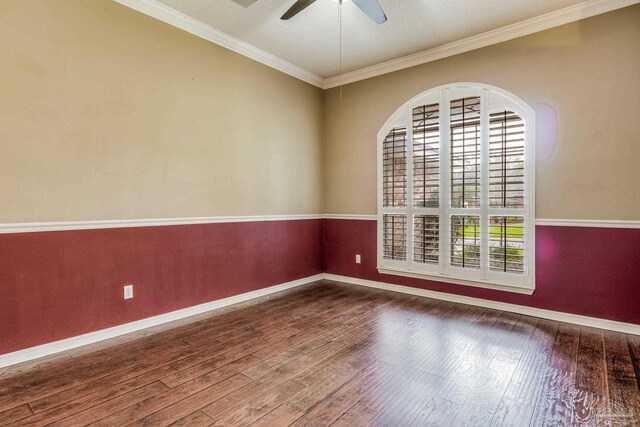 unfurnished room featuring ceiling fan, hardwood / wood-style floors, a textured ceiling, and ornamental molding