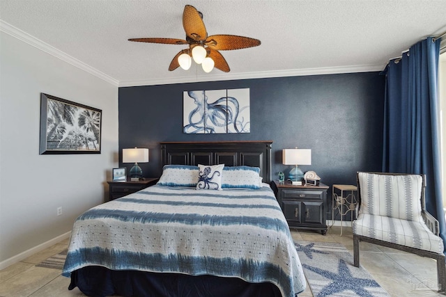 tiled bedroom featuring a textured ceiling, a ceiling fan, baseboards, and ornamental molding