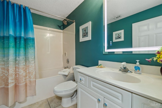 full bathroom featuring shower / bath combination with curtain, toilet, a textured ceiling, and vanity